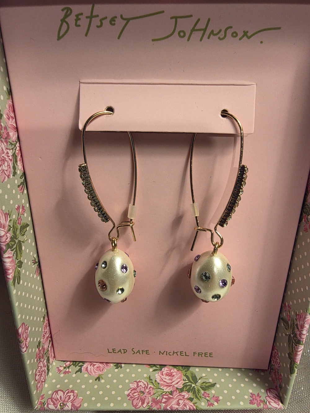 Betsey Johnson Pearl Egg Drop Earrings with Multicolor Crystal Accents - Picture 2 of 4